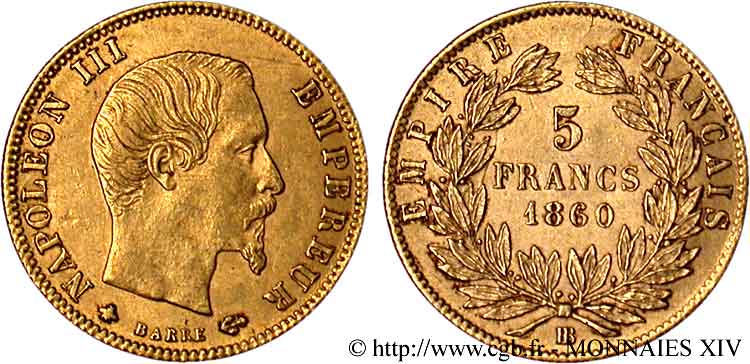 5 francs or Napoléon III tête nue, grand module 1860 Strasbourg F.501/13 SUP 