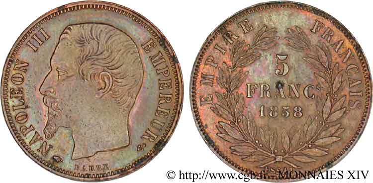 Essai monétaire de 5 francs, par Barre 1858 Paris VG.3533  SPL 