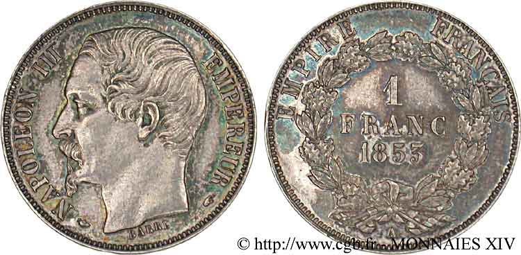 Essai 1 franc Napoléon III, grosse tête, couronne composite de chêne et de laurier 1853 Paris VG.3335  AU 