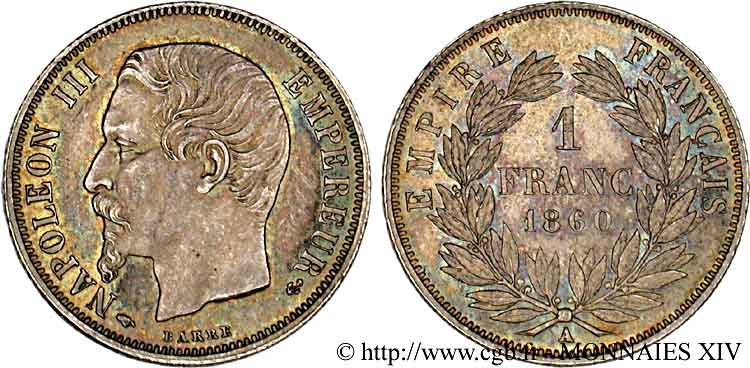 1 franc Napoléon III, tête nue, différent main 1860 Paris F.214/14 VZ 