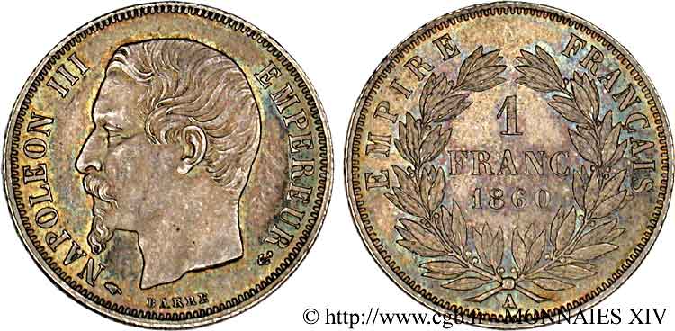 1 franc Napoléon III, tête nue, différent main 1860 Paris F.214/14 SPL 