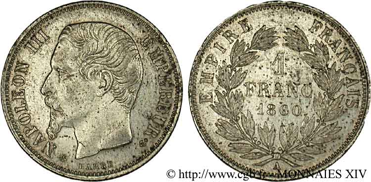 1 franc Napoléon III, tête nue, différent abeille 1860 Paris F.214/15 XF 