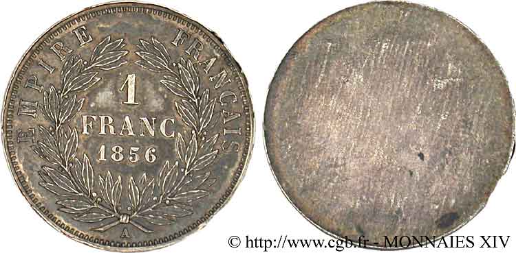 Essai uniface de revers de 1 franc Napoléon III, tête nue 1856 Paris VG.3475  AU 