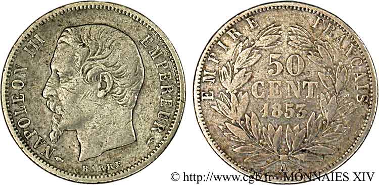50 centimes Napoléon III, tête nue 1853 Paris F.187/1 S 