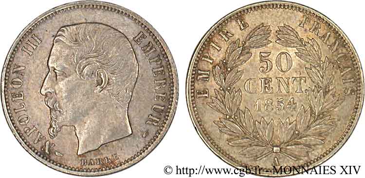 50 centimes Napoléon III, tête nue 1854 Paris F.187/2 AU 