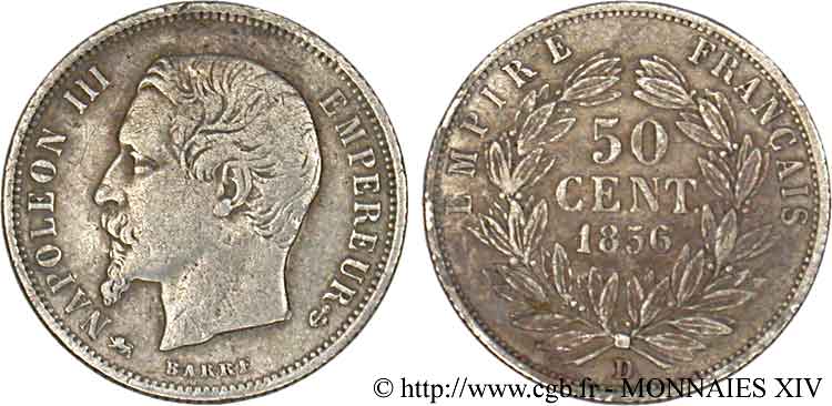 50 centimes Napoléon III, tête nue 1856 Lyon F.187/7 TB 