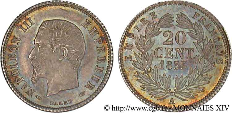 20 centimes Napoléon III, tête nue 1853 Paris F.148/1 MS 