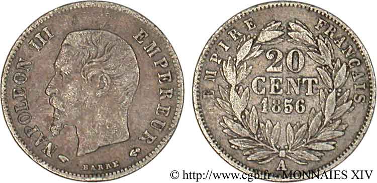 20 centimes Napoléon III, tête nue 1856 Paris F.148/4 VF 