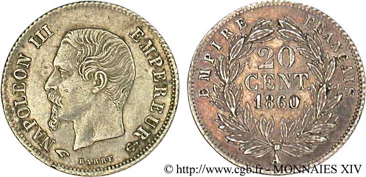 20 centimes Napoléon III tête nue 1860 Paris F.148/14 XF 