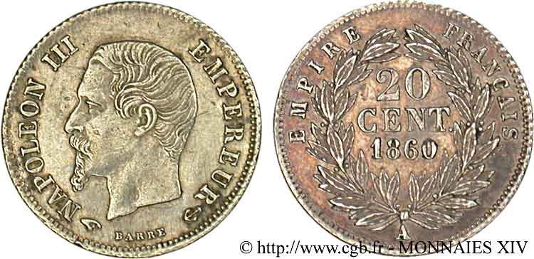 20 centimes Napoléon III tête nue 1860 Paris F.148/14 BB 