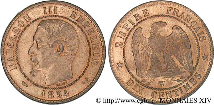 10 Centimes Napoléon III, tête nue 1854 Lille F.133/18 VZ 