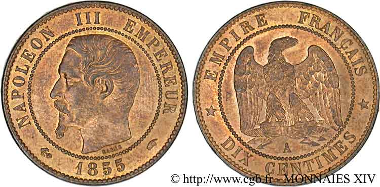 10 Centimes Napoléon III, tête nue 1855 Paris F.133/20 AU 