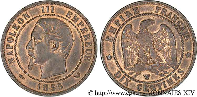 10 Centimes Napoléon III, tête nue 1855 Lille F.133/32 EBC 