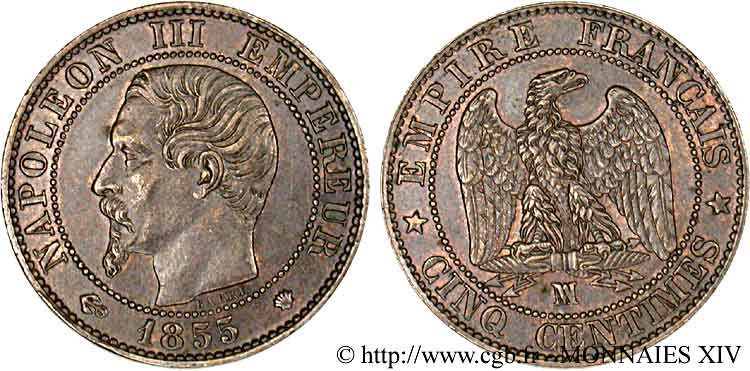 5 centimes Napoléon III, tête nue 1855 Marseille F.116/27 VZ 
