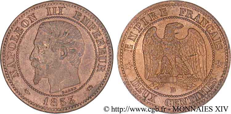 Deux centimes Napoléon III, tête nue, petit D et petit lion 1853 Lyon F.107/5 EBC 