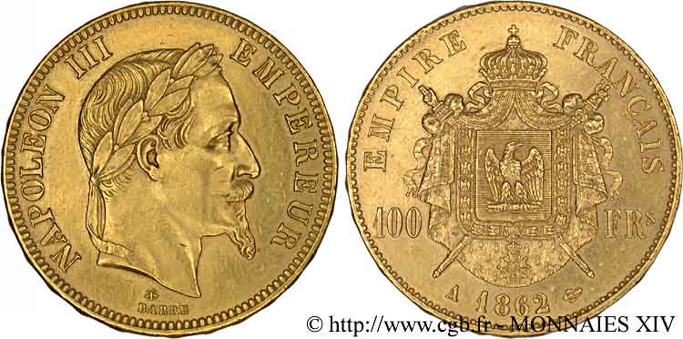 100 francs or Napoléon III, tête laurée 1862 Paris F.551/1 EBC 