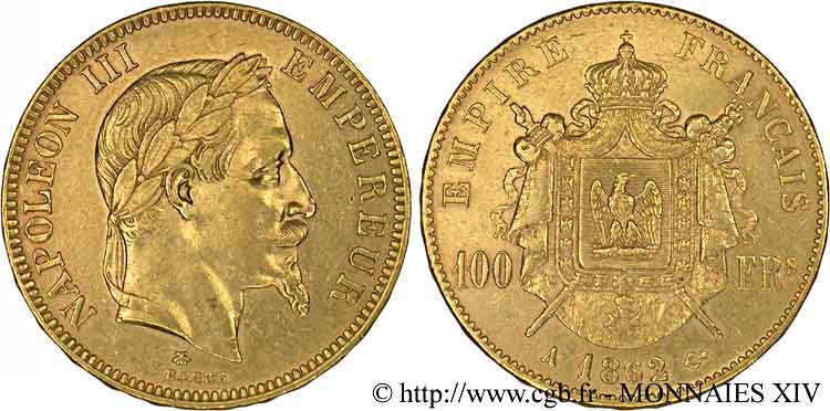 100 francs or Napoléon III, tête laurée 1862 Paris F.551/1 MBC 