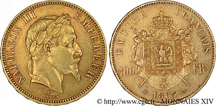 100 francs or Napoléon III, tête laurée 1863 Strasbourg F.551/3 MBC 