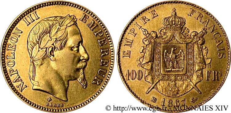 100 francs or Napoléon III, tête laurée 1867 Strasbourg F.551/9 TTB 