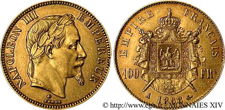 100 francs or Napoléon III, tête laurée 1868 Paris F.551/10 TTB 
