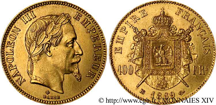 100 francs or Napoléon III, tête laurée 1869 Strasbourg F.551/13 AU 