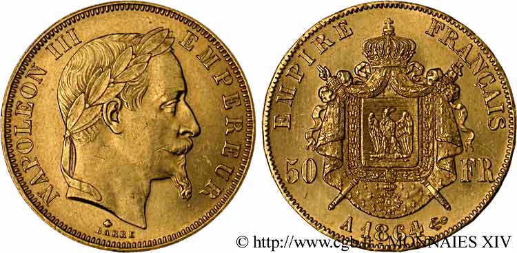 50 francs or Napoléon III, tête laurée 1864 Paris F.548/4 SUP 