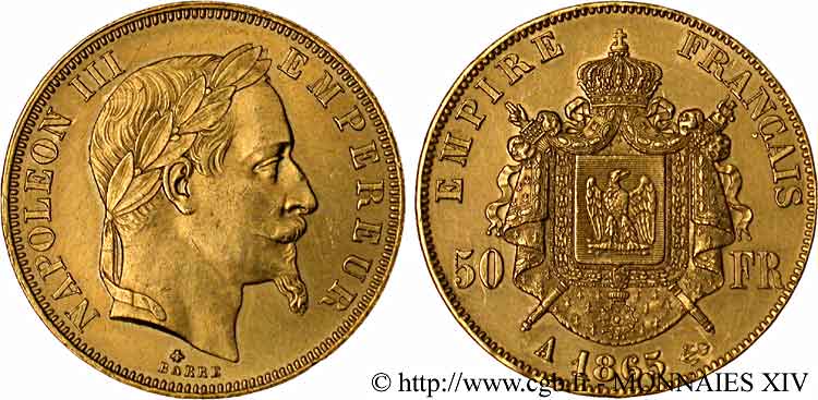 50 francs or Napoléon III, tête laurée 1865 Paris F.548/5 SPL 