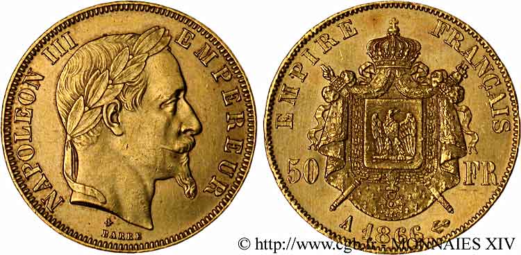50 francs or Napoléon III, tête laurée 1866 Paris F.548/6 SPL 