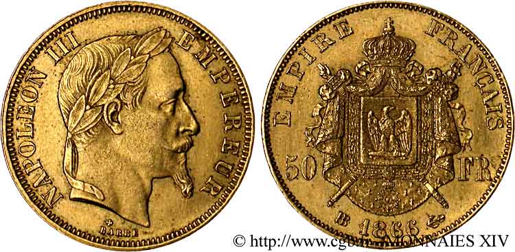 50 francs or Napoléon III, tête laurée 1866 Strasbourg F.548/7 SUP 