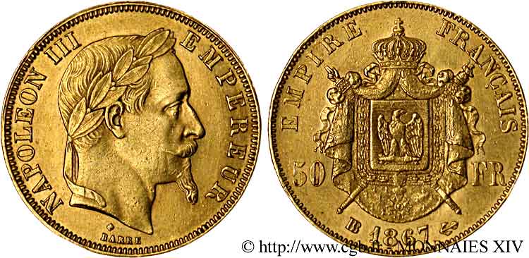 50 francs or Napoléon III, tête laurée 1867 Strasbourg F.548/9 SUP 