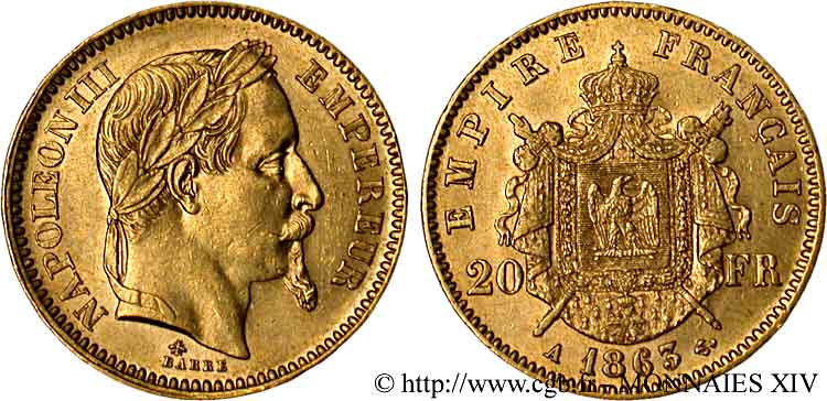 20 francs or Napoléon III, tête laurée 1863 Paris F.532/6 EBC 