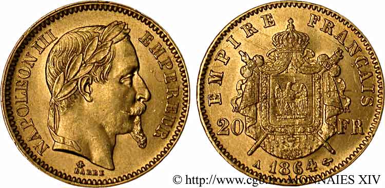 20 francs or Napoléon III, tête laurée 1864 Paris F.532/8 SUP 