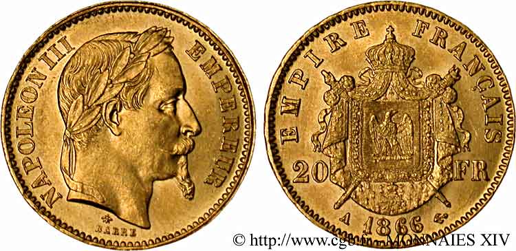 20 francs or Napoléon III, tête laurée 1866 Paris F.532/13 VZ 