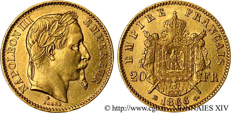 20 francs or Napoléon III, tête laurée 1866 Strasbourg F.532/14 SS 