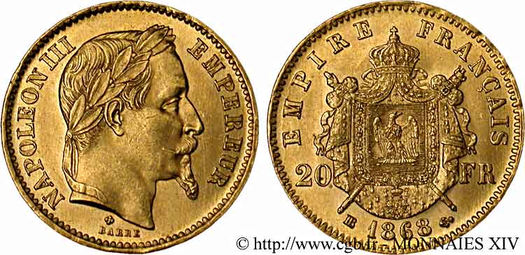 20 francs or Napoléon III, tête laurée 1868 Strasbourg F.532/19 SUP 