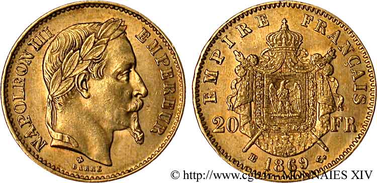 20 francs or Napoléon III, tête laurée 1869 Strasbourg F.532/21 SPL 