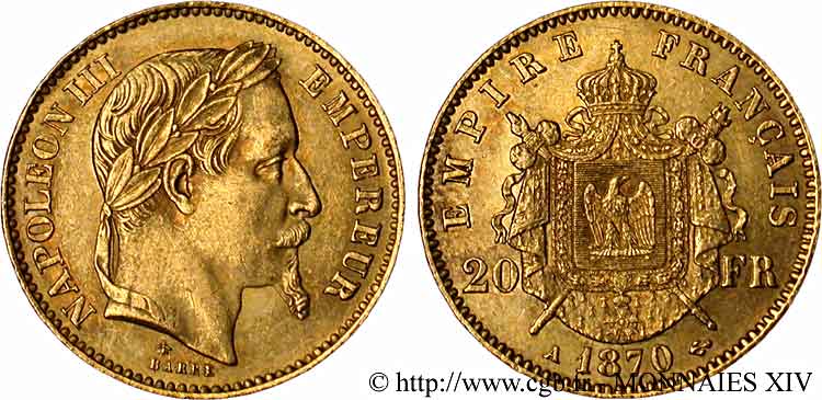20 francs or Napoléon III, tête laurée 1870 Paris F.532/23 EBC 