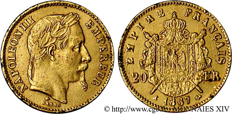 Faux 20 francs or Napoléon III, tête laurée, en plomb doré 1867 Paris F.532/15 XF 