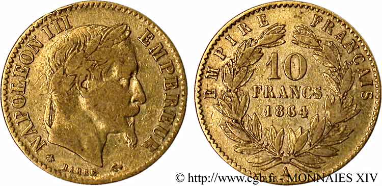 10 francs or Napoléon III, tête laurée 1864 Paris F.507A/6 S 