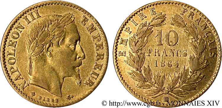 10 francs or Napoléon III, tête laurée 1864 Strasbourg F.507A/7 VF 