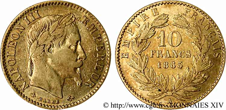 10 francs or Napoléon III, tête laurée 1865 Paris F.507A/9 BC 