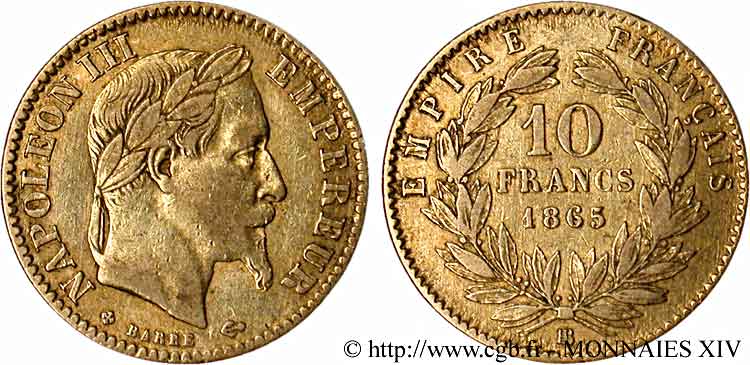10 francs or Napoléon III, tête laurée 1865 Strasbourg F.507A/10 TB 