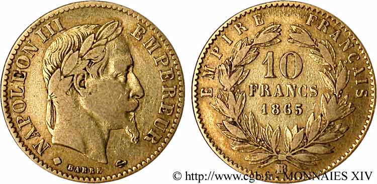10 francs or Napoléon III, tête laurée 1865 Strasbourg F.507A/11 BC 