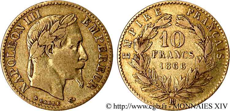 10 francs or Napoléon III, tête laurée 1866 Strasbourg F.507A/14 VF 
