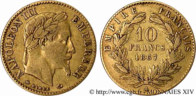 10 francs or Napoléon III, tête laurée 1867 Paris F.507A/15 MB 