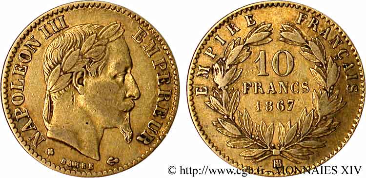10 francs or Napoléon III, tête laurée 1867 Strasbourg F.507A/16 TB 
