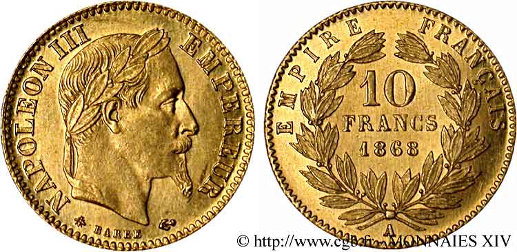10 francs or Napoléon III, tête laurée 1868 Paris F.507A/17 SC 