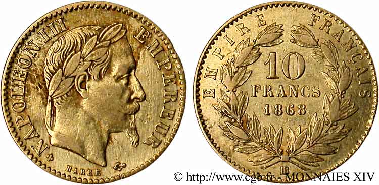 10 francs or Napoléon III, tête laurée 1868 Strasbourg F.507A/18 TB 