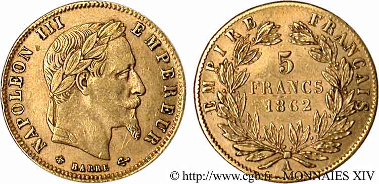 5 francs or Napoléon III, tête laurée 1862 Paris F.502/1 TTB 