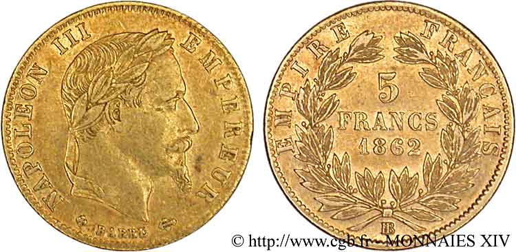 5 francs or Napoléon III, tête laurée 1862 Strasbourg F.502/2 XF 